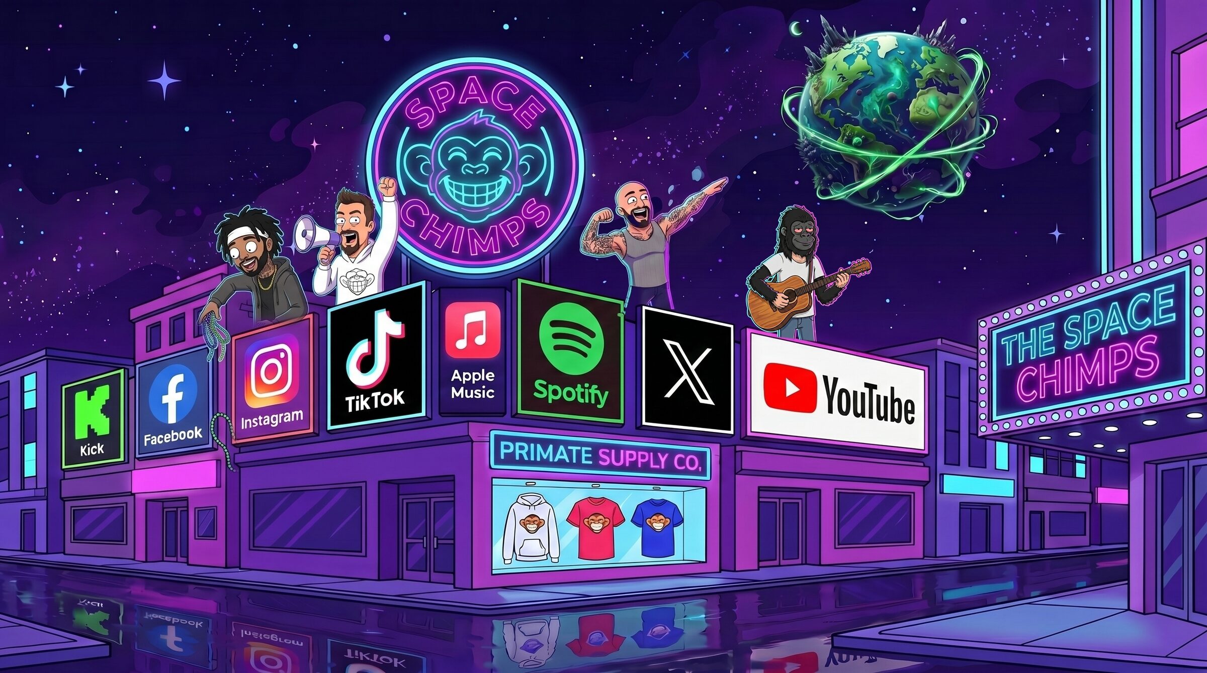 The Space Chimps on a neon alien-city rooftop above the Primate Supply Co. storefront: PHRASE on a megaphone and Eugene Komplete tossing beads, over a row of streaming and social billboards